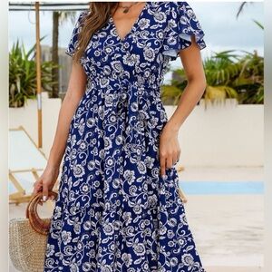 NWT CUPSHE Navy Blue Floral Mid Length V-Neck Flated Sleeve Maxi Dress W/Tie XL